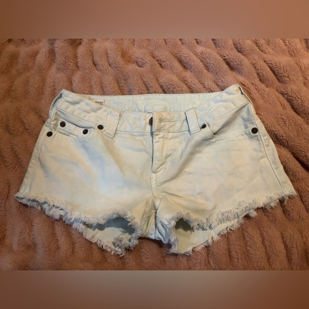 True Religion Light Blue Frayed Jean Shorts
